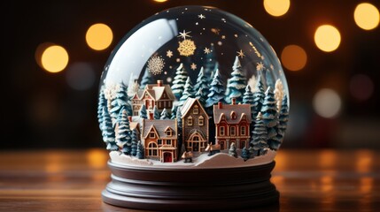 Christmas glass ball in snow with miniature winter world inside. - obrazy, fototapety, plakaty