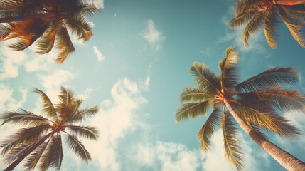A vintage-style view from below captures blue skies and palm trees, creating a tropical beach and summer background that embodies the essence of travel