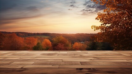 Naklejka na ściany i meble Autumn landscape with a wooden surface for product presentation, style of sharp landscapes, photorealistic rendering, selective focus, photorealistic landscapes, dark yellow, wood