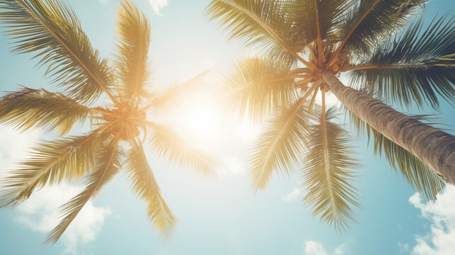 A vintage-style view from below captures blue skies and palm trees, creating a tropical beach and summer background that embodies the essence of travel