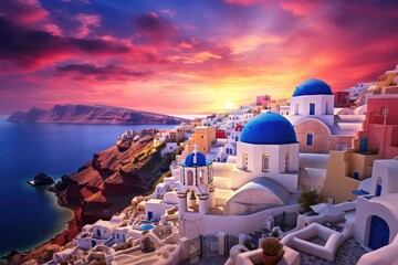 Santorini, Greece. Picturesque sunset over the sea, Beautiful view of Churches in Oia village, Santorini island in Greece at sunset, with dramatic sky, AI Generated - obrazy, fototapety, plakaty