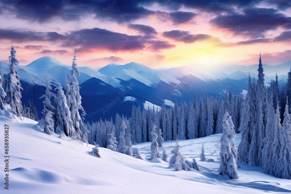 Sticker beautiful winter landscape with snowy fir trees in mountains at sunset, beautiful winter landscape i