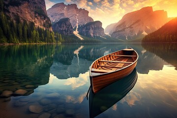Fantastic sunrise on lake braies in south tyrol, italy, Beautiful view of traditional wooden rowing boat on scenic Lago di Braies in the Dolomites in scenic morning light at sunrise, AI Generated