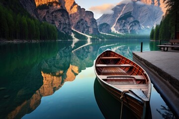 Lake braies in south tyrol, italy at sunrise, Beautiful view of traditional wooden rowing boat on...