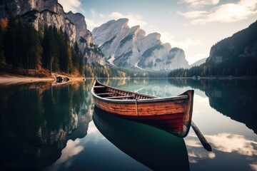 Fantastic lake braies in south tyrol, italy, Beautiful view of traditional wooden rowing boat on...