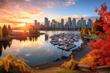 Fototapeta premium Downtown Vancouver, British Columbia, Canada at Stanley Park in autumn, Beautiful view of Vancouver, British Columbia, Canada, AI Generated