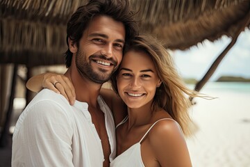 Beautiful young couple in love on the beach. Attractive woman and handsome man are hugging and smiling, Beautiful young couple smiling on a summer day at the beach, AI Generated