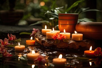 Spa still life with candles and orchids on dark background, Beauty spa treatment with candles, AI...