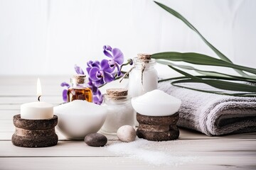 Spa and wellness setting with sea salt, towels, candles and orchid flowers, beauty treatment items...
