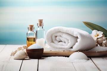 Fototapeta na wymiar Spa still life with towels, sea salt and aroma oil, beauty treatment items for spa procedures on a white wooden table. massage stones, essential oils, and sea salt. , AI Generated