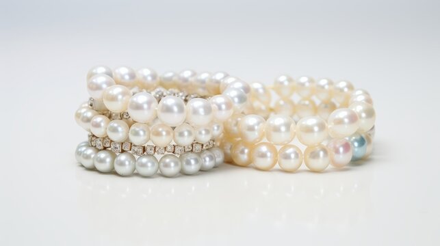 A photo realistic image of a pearl bracelet on a white background. The bracelet is made of multiple strands of white pearls of different sizes, twisted into a elegant pattern. The bracelet has a
