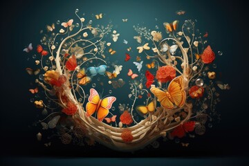 Obraz na płótnie Canvas Abstract floral background with butterflies and flowers. 3d render illustration, Biological and science background, AI Generated