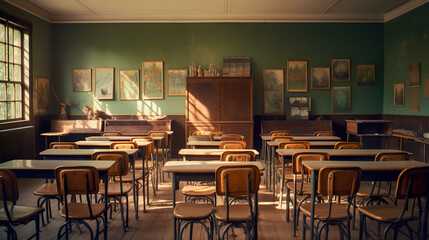 A vintage high school classroom with wooden desks and chairs, symbolizing the back-to-school concept in secondary education - obrazy, fototapety, plakaty