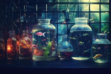 Tropical fish in a glass jar with goldfish in the background, Biological and science background, AI Generated
