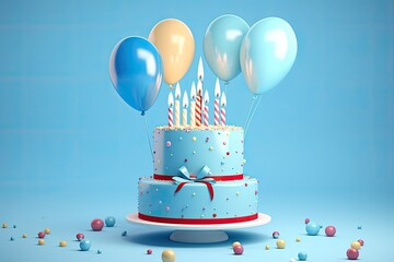 birthday cake with balloons and ribbons 3d render on blue background, Birthday cake with balloons and confetti on blue background. 3D Rendering, AI Generated