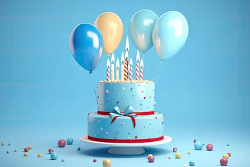 Fotobehang birthday cake with balloons and ribbons 3d render on blue background, Birthday cake with balloons and confetti on blue background. 3D Rendering, AI Generated © Iftikhar alam