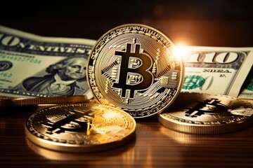 Bitcoin is a modern way of exchange and this crypto currency is a convenient means of payment in the financial, Bitcoin currency and dollar. BTC market symbol cryptocurrency, AI Generated - obrazy, fototapety, plakaty