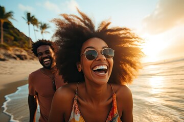 Happy african american couple in sunglasses having fun on beach at sunset, Black couple, travel and beach fun while laughing on sunset nature adventure and summer vacation, AI Generated