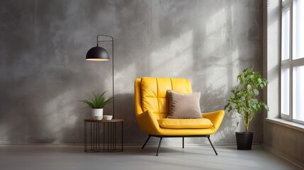 gray concrete wall and yellow chair. minimalist interior