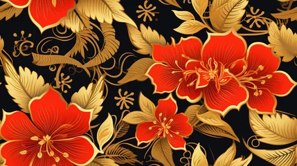Zelfklevend Fotobehang Red and gold flower Bali Batik seamless pattern wallpaper illustration on black background seamless pattern with flowers © Rames studio