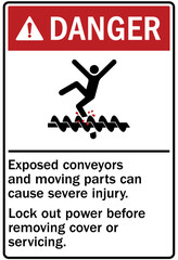 Conveyor warning sign and labels exposed conveyors and moving parts can cause severe injury. Lock out power before removing cover or servicing