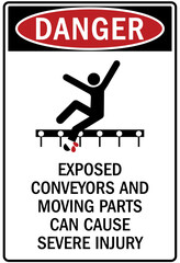 Conveyor warning sign and labels exposed conveyors and moving parts can cause sevre injury