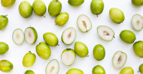 Green jujube fruits on white background.
