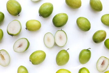 Green jujube fruits on white background.