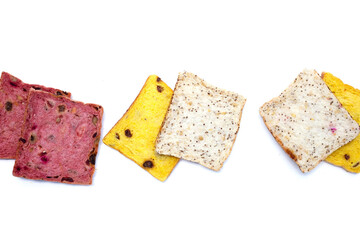 Whole grain bread slices on white background.