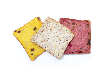Whole grain bread slices on white background.