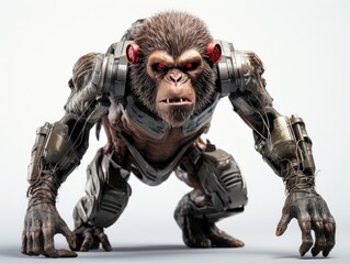 A frightening futuristic killer cyborg monkey full body view isolated on white