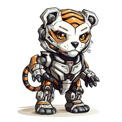 A cute cyborg tiger full body view, isolated on white