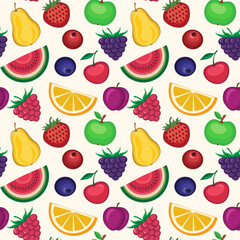 Fruit seamless pattern, decorative background of fruits and berries icons, textile print, wallpaper, decoration. 