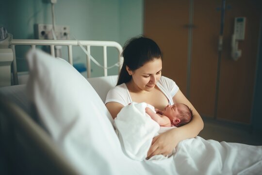Mother newborn baby birth. Mum hug. Generate Ai