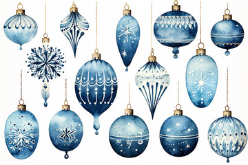 Set of pretty decorated blue cream and gold hand painted watercolor style, Christmas ornament baubles isolated on white background - obrazy, fototapety, plakaty