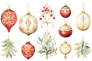 Set of pretty decorated red cream green and gold hand painted watercolour style, Christmas ornament baubles isolated on white background