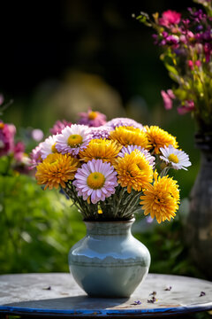 Composition of pink and yellow Chrysanthemums and Buttercups in a glazed ceramic vase, on a shabby wooden table on a blurred shabby background. Vertical image.