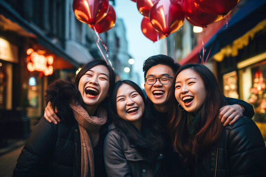 Asian friends celebrating Chinese new year on the street