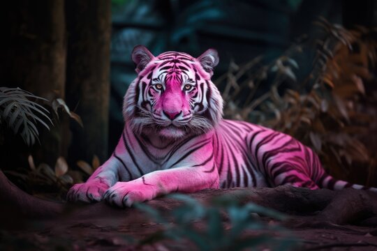 Portrait of pink tiger in the nature. AI generative art