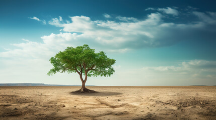 A solitary green tree in the midst of the desert