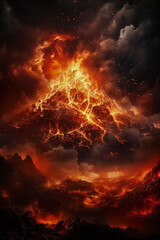 Smoky volcanic eruption in a fiery landscape background with empty space for text 