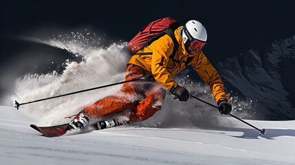 Fototapeta na wymiar Man skier jumping in the snow mountains on the slope with her ski and professional equipment on a sunny day, skier on the slope, the process of skiing, copy space