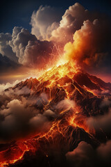 Fototapeta na wymiar Smoky volcanic eruption in a fiery landscape background with empty space for text 