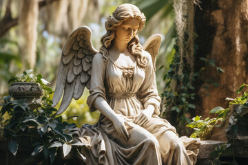 Serene angel statues guard historical monuments in peaceful cemetery landscapes 