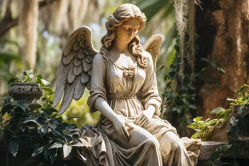 Tuinposter Serene angel statues guard historical monuments in peaceful cemetery landscapes  © fotogurmespb