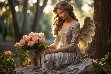 Serene angel statues guard historical monuments in peaceful cemetery landscapes  - obrazy, fototapety, plakaty