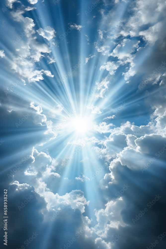 Poster mystical light beams piercing through dense clouds background with empty space for text