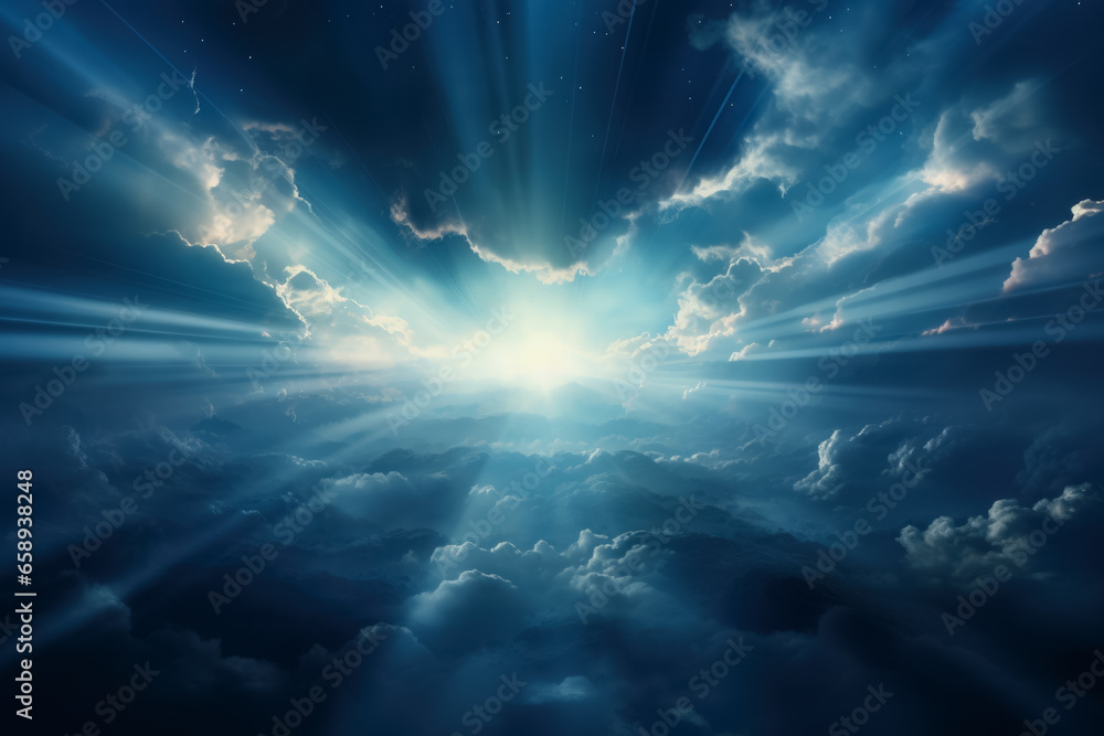 Poster mystical light beams piercing through dense clouds background with empty space for text