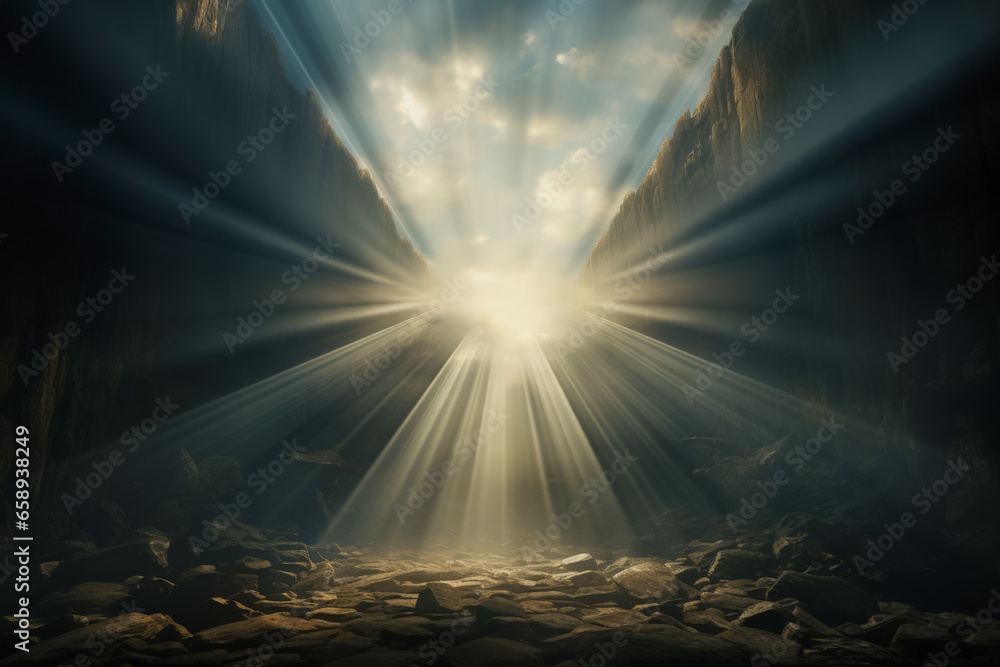 Poster mystical light beams piercing through dense clouds background with empty space for text