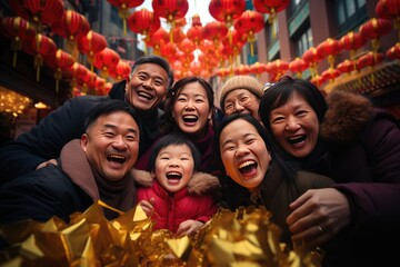 Chinese family celebrating Chinese new year. Christmas concept. - obrazy, fototapety, plakaty